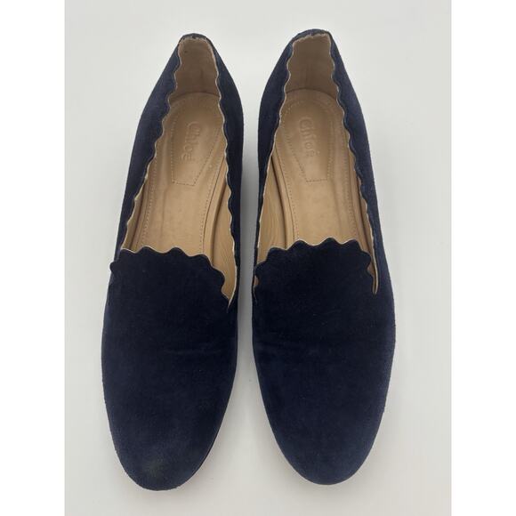 Chloé Suede Scalloped Loafers Navy Blue Suede Pumps Size 39.5 / 9.5 Block Heel - Picture 3 of 16
